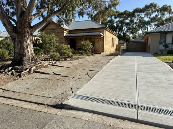An old cracked sloping driveway heaved up by a gum tree's roots beside a sandstone home, next to a neighbour's new exposed aggregate drive with a strip drain, Burnside