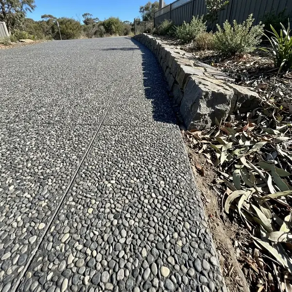 Close up of a new charcoal exposed aggregate driveway edge against a bluestone wall and gum leaves