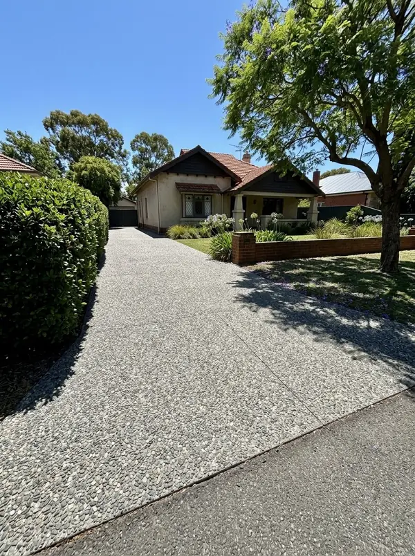 Natural grey exposed aggregate driveway at a 1920s bungalow, Toorak Gardens