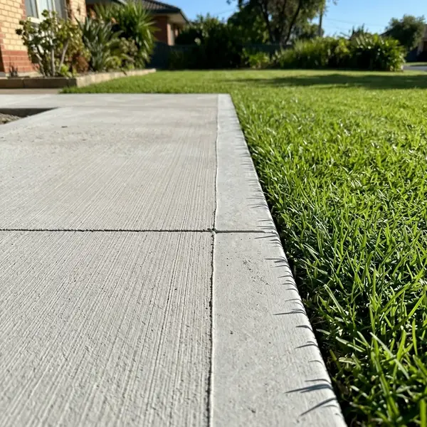 Close up of a new broom-finished concrete driveway edge meeting the lawn