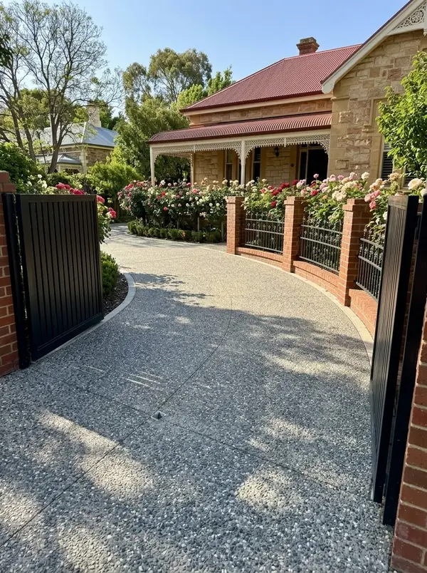 Natural grey exposed aggregate driveway curving past a sandstone villa, Prospect