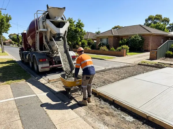 A concrete truck at the kerb discharging into a wheelbarrow beside a formed-up driveway