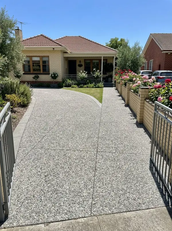Natural grey exposed aggregate driveway and entry path, Norwood