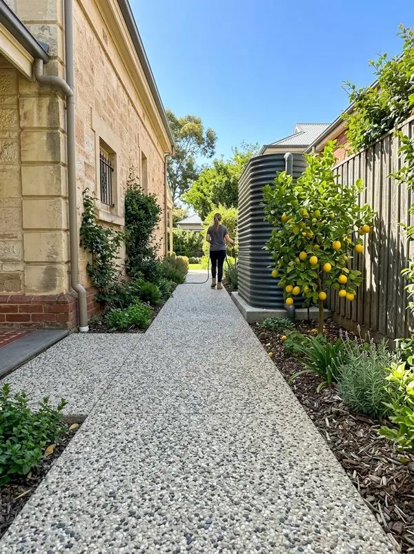 Oatmeal exposed aggregate side path beside a sandstone villa, Prospect