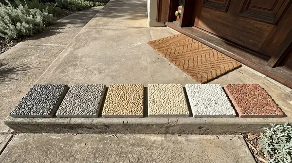 Six sealed exposed aggregate sample tiles in a row on a doorstep