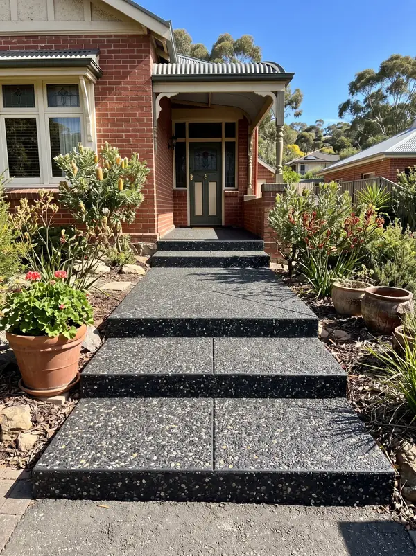 Charcoal exposed aggregate steps and porch on a red-brick bungalow, Mitcham