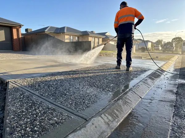 A concreter pressure-washing the surface cream off a fresh pour to expose the stone