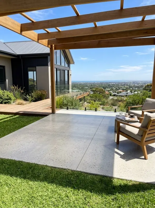 Honed concrete alfresco floor with a view over the plains, Greenwith