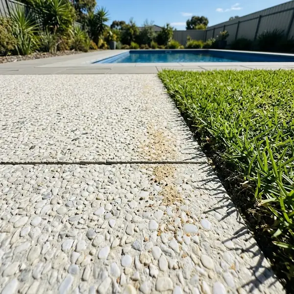 Close up of a pale exposed aggregate driveway edge with a few grains of sand and a saw-cut joint
