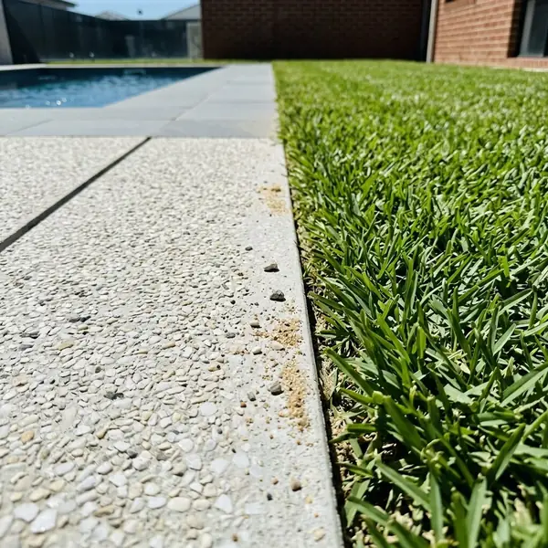 Close up of a pale white-quartz exposed aggregate driveway edge with a few grains of sand on it