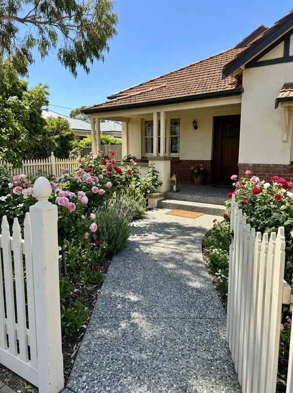 Exposed aggregate front path and porch at a 1920s bungalow, Grange
