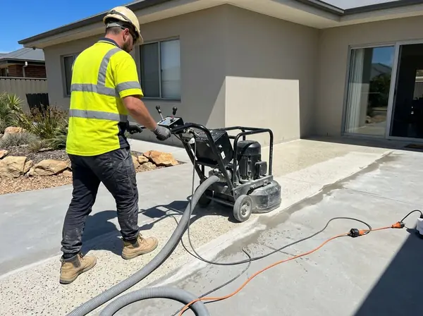 A concreter grinding a fresh outdoor slab with a planetary grinder