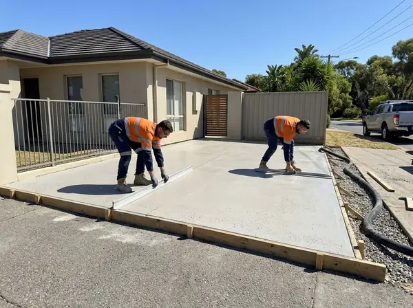A crew screeding a fresh slab for a front courtyard