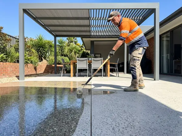 Rolling sealer onto a honed concrete alfresco floor