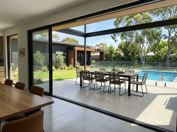 Honed concrete alfresco floor flowing out from sliding doors at a modern home