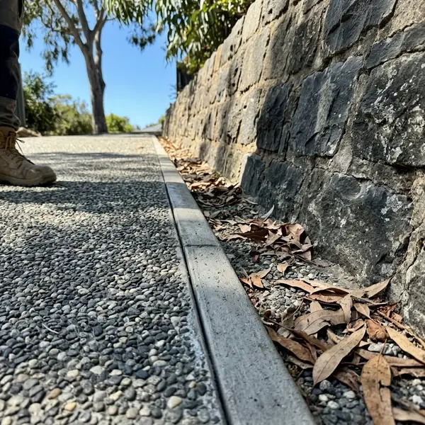Close up of a new exposed aggregate driveway edge against a bluestone wall and fallen gum leaves