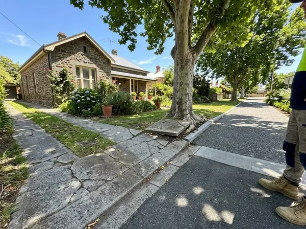 An old cracked and patched driveway strip lifted by a plane tree root beside a bluestone villa, next to a neighbour's new exposed aggregate drive, Norwood
