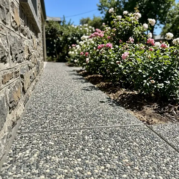 Close up of a new exposed aggregate path edge against a bluestone wall and a bed of roses