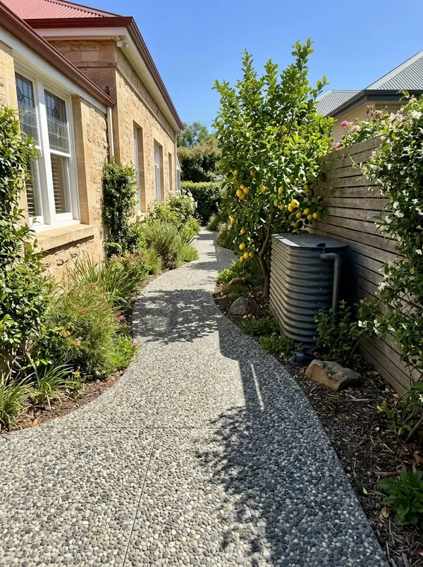 Oatmeal exposed aggregate side path between a villa and a fence, Prospect