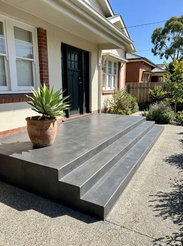 Charcoal honed concrete porch and steps at a renovated 1920s bungalow, Prospect