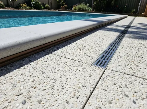 A pale exposed aggregate pool surround sloping from the coping to a strip drain with an expansion joint at the coping