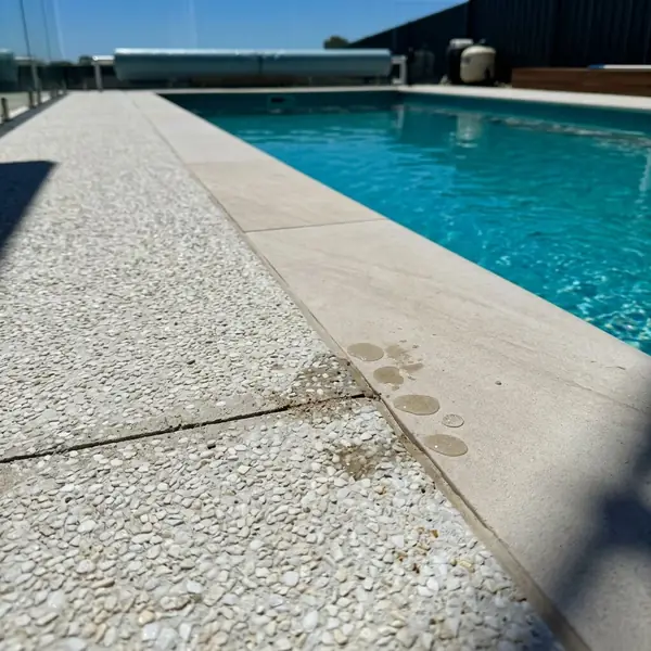 Close up of a pale exposed aggregate pool surround meeting the pool coping