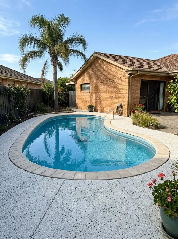 Coastal white exposed aggregate surround around a kidney-shaped pool, Glenelg North