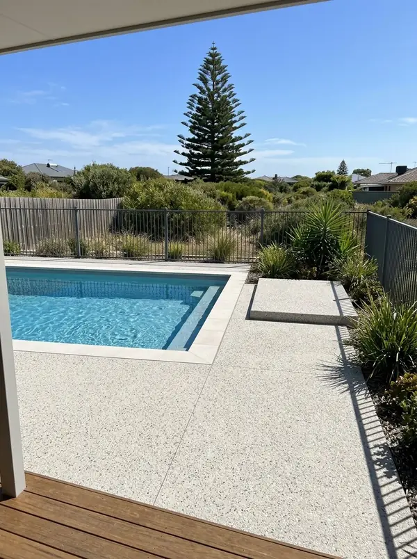 Pale exposed aggregate pool surround and spa pad, Seaford