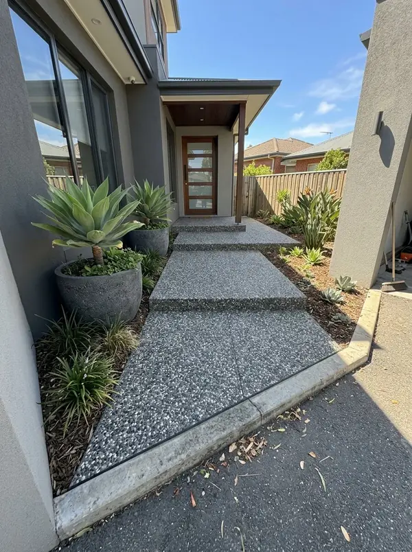 Charcoal exposed aggregate entry path with wide steps, Burnside