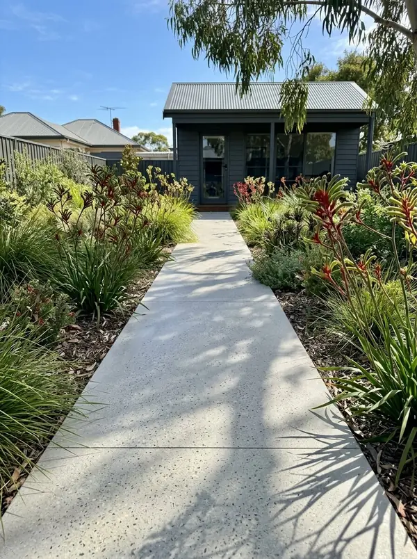Honed concrete garden walkway through a native garden, Norwood