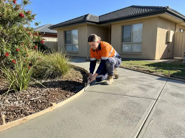 A concreter edging a freshly poured garden path with a hand tool along curved formwork
