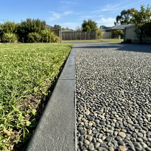 Close up of a new exposed aggregate driveway edge meeting the grass verge