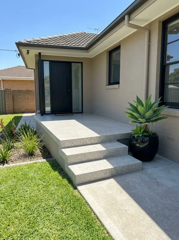Honed concrete porch and steps at a renovated home, Parafield Gardens