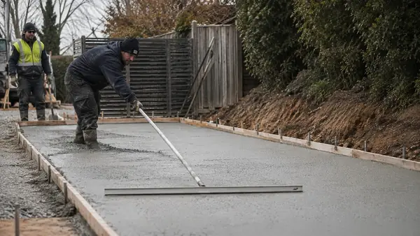 Concreter screeding a freshly poured slab, Adelaide
