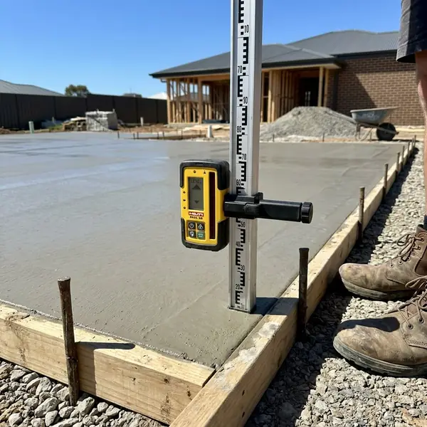 A laser level receiver on a staff checking a freshly screeded slab