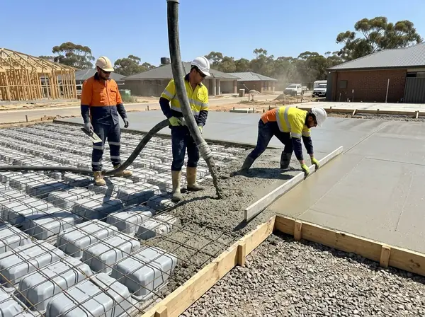 Three concreters pouring and screeding a house slab from a pump hose