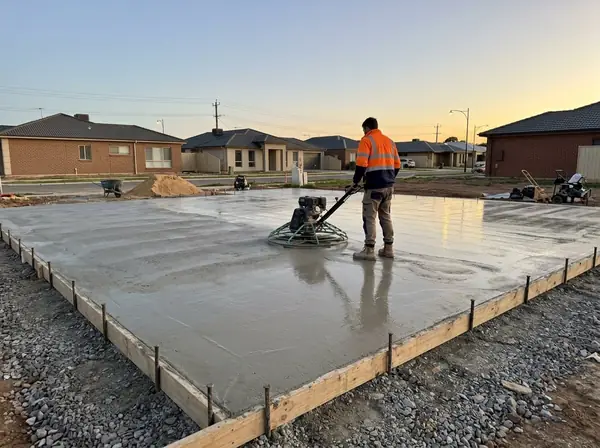 A concreter running a power trowel across a large fresh slab
