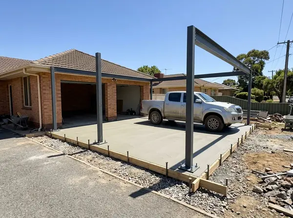 Double garage and carport slab with the posts bolted down