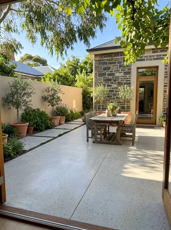 Honed concrete courtyard behind a bluestone villa, Unley
